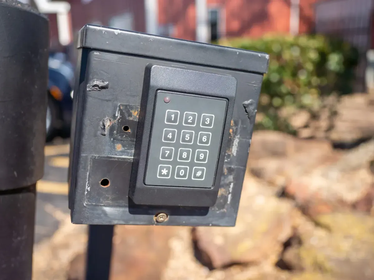 View of keypad at Flint, TX self storage facility.