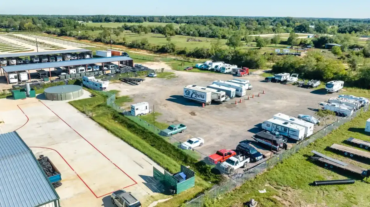 View of parking at Becker Road self storage facility in Hockley, TX.